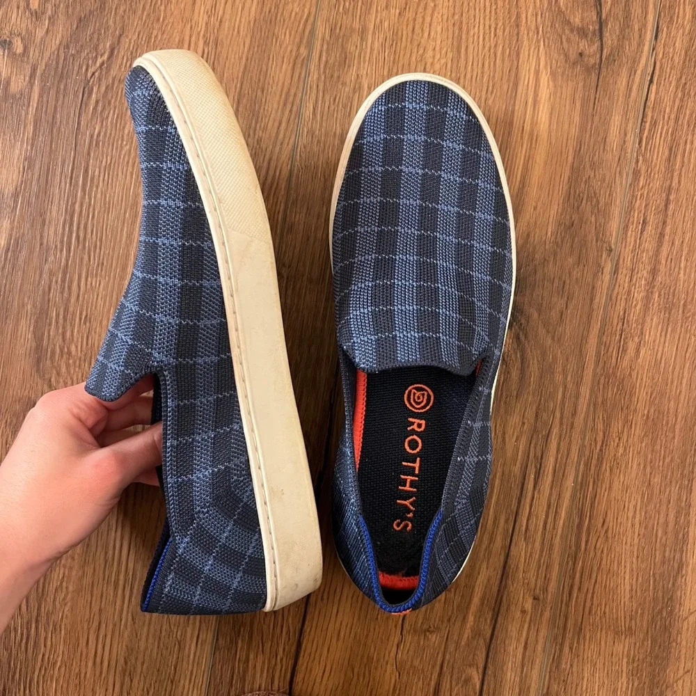 Rothys The Sneaker‎ Navy Windowpane Blue Plaid Slip On Shoes Size 8.5